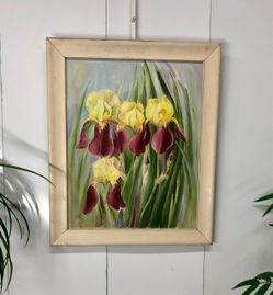 Floral Oil Painting on Canvas Irises Framed Wall Art 23.5”x19.5” Item#045h