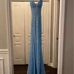 Sherri Hill- Sky Blue Long Formal Sequins Dress. Laces Up In The Back- Size 8
