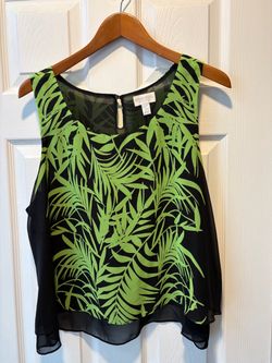Bisou Bisou Sleeveless Black & Neon Green Palm Print Blouse women’s size XL - Simi Valley