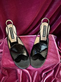 Rochas Paris Black Lizard-Embossed Leather Peep-Toe Slingback Sandals Size 9 (IT 39)