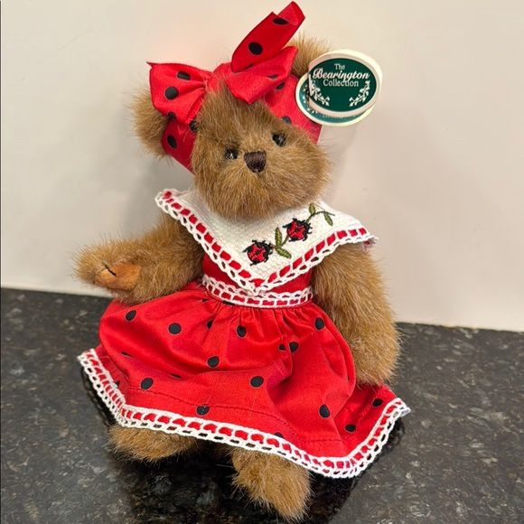 Little Lady Bearington Bear Collection. Size 11”. Red & Black polka dot dress.