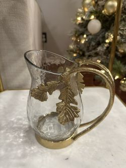 Brand New Glass Pitcher With Gold Metal Leaves Decor 