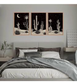 Framed canvas wall art desert night cactus