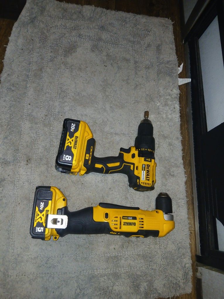 Dewalt Hammer Drill And Dewalt Close Angle Drill With Batteries 