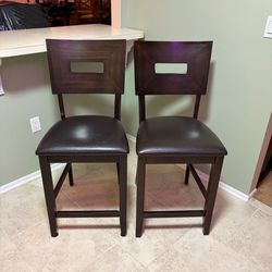 Pair of Counter Height Bar Stools – Dark Wood & Padded Seats
