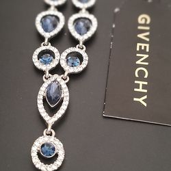 Givenchy Silver-Tone Pavé Stone Lariat Necklace 16"+3" Navy Crystal