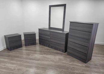 Dresser with Mirror, Chest and 2 Nightstands / Cómoda con Espejo, Gavetero y 2 Mesitas de Noche