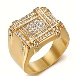 black Greppn Vintage-Inspired Golden Stainless Steel 18 k gold plated with Large Rhinestone  Size 11,12 