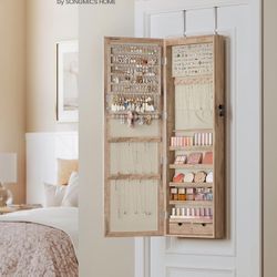 New-Mirror Jewelry Cabinet, 47.2-Inch Tall Lockable Wall or Door Mounted Jewelry Armoire Organizer with Mirror, 2 Drawers, 3.9 x 14.6 x 47.2 Inches, T