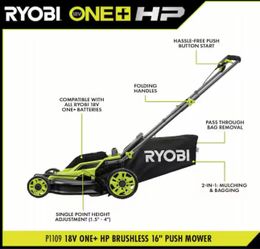 RYOBI ONE+ HP 18V Brushless 16 in. Cordless Battery Walk Behind Push Lawn Mower with (1) 4.0 Ah Batteries and (1) Charge