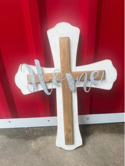 Wooden Cross with Metal Home Sign Decor