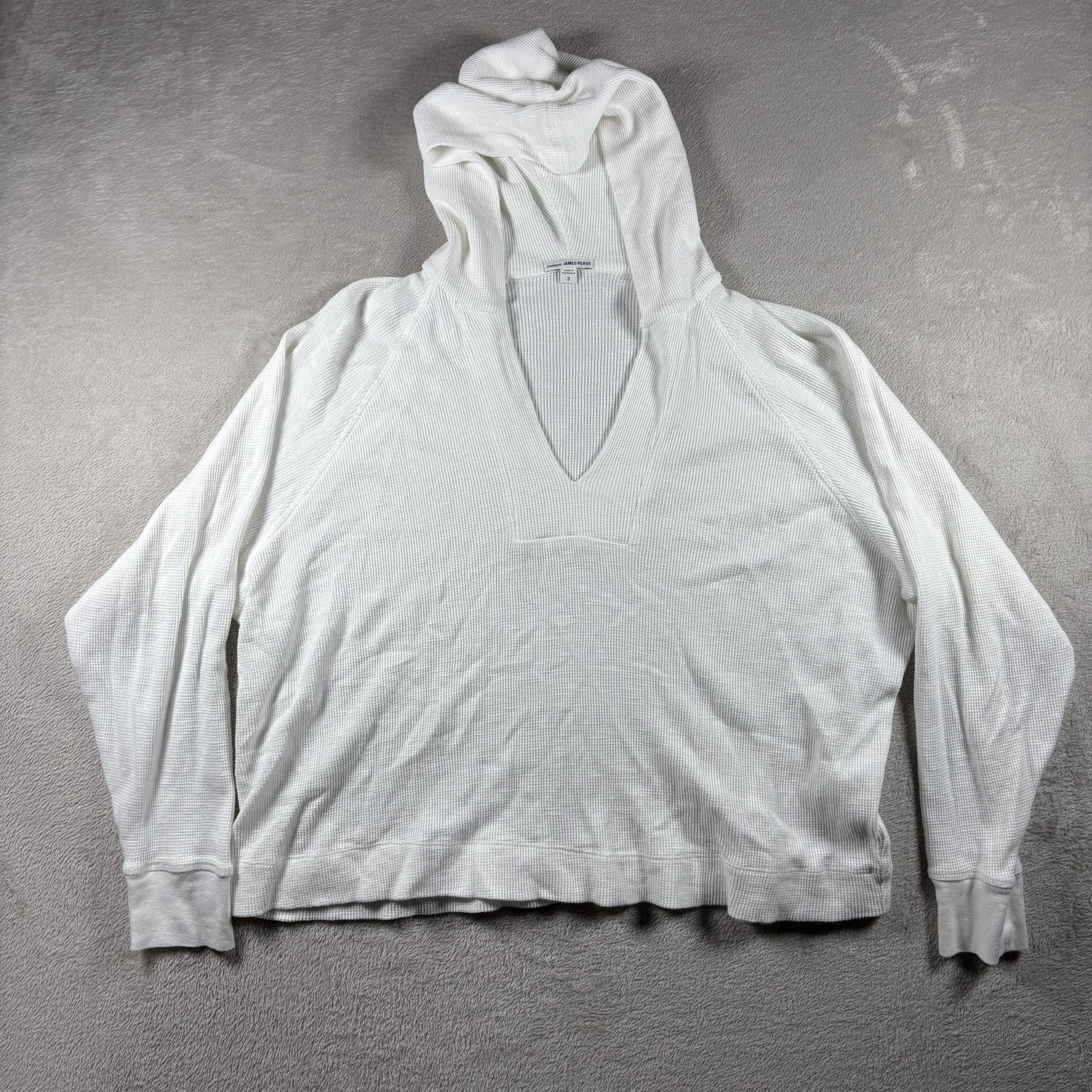 James Perse Woman's Size 3 White Thermal Knit Split Front Hoodie Shirt #338