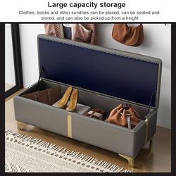 Entryway Shoe Bench, PU Leather Upholstered Storage Bench Modern End Of Bed Bench with Flip Top, Luxury Storage Ottoman Bench with Metal Le