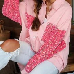 Pink Joiemont Womens Color Block Oversize Twill And Sequin Shacket
Sparkle Long Sleeve Casual Denim Jacket size medium- Pick Up Near MLK AND CRAIG 