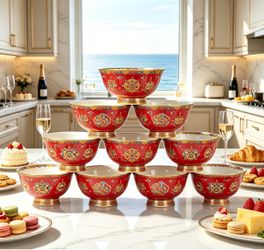 10 Red Ceramic Bowls with Tibetan Traditional Motifs Set