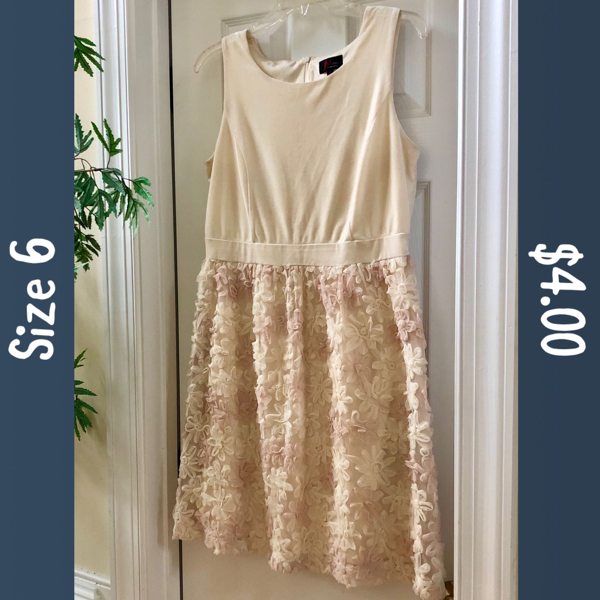 Cream Colored Dress with Netted Floral Bottom, size 6,
