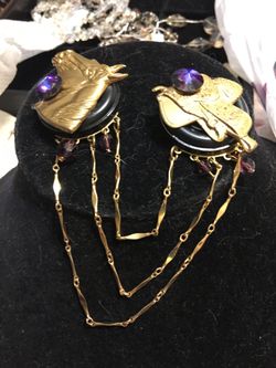 Horse and saddle sweater pin amethyst stones