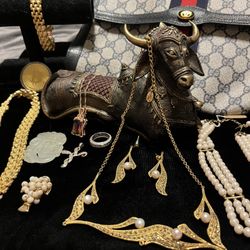 Woven Goldtone Necklace & Bracelet , Diamond Pave Infinity Cross, Gold Pt Set, Faux Tourmaline ? Pave Cz White  Ring, Pearls, 