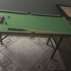 Pool Table With Balls, 2 Cue Sticks, And 2 Chalks