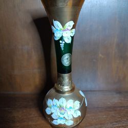 Gorgeous Czeck Handmade Hand Painted Green Glass Vase 9 "