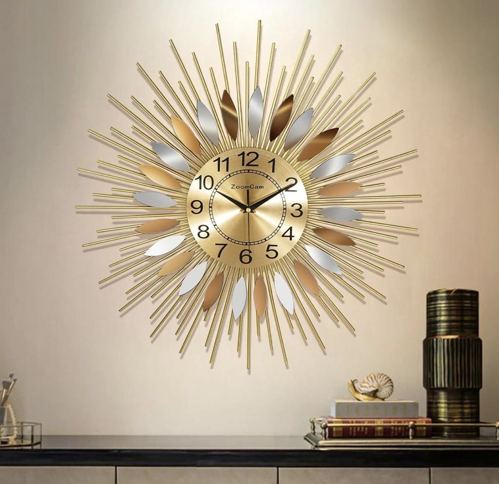 Large Wall Clock for Living Room Decor 23/27 Inch - Radiant Sunflower Metal Art, Handcrafted Iron & Stainless Steel - Silent Non-Ticking Decorative Ro