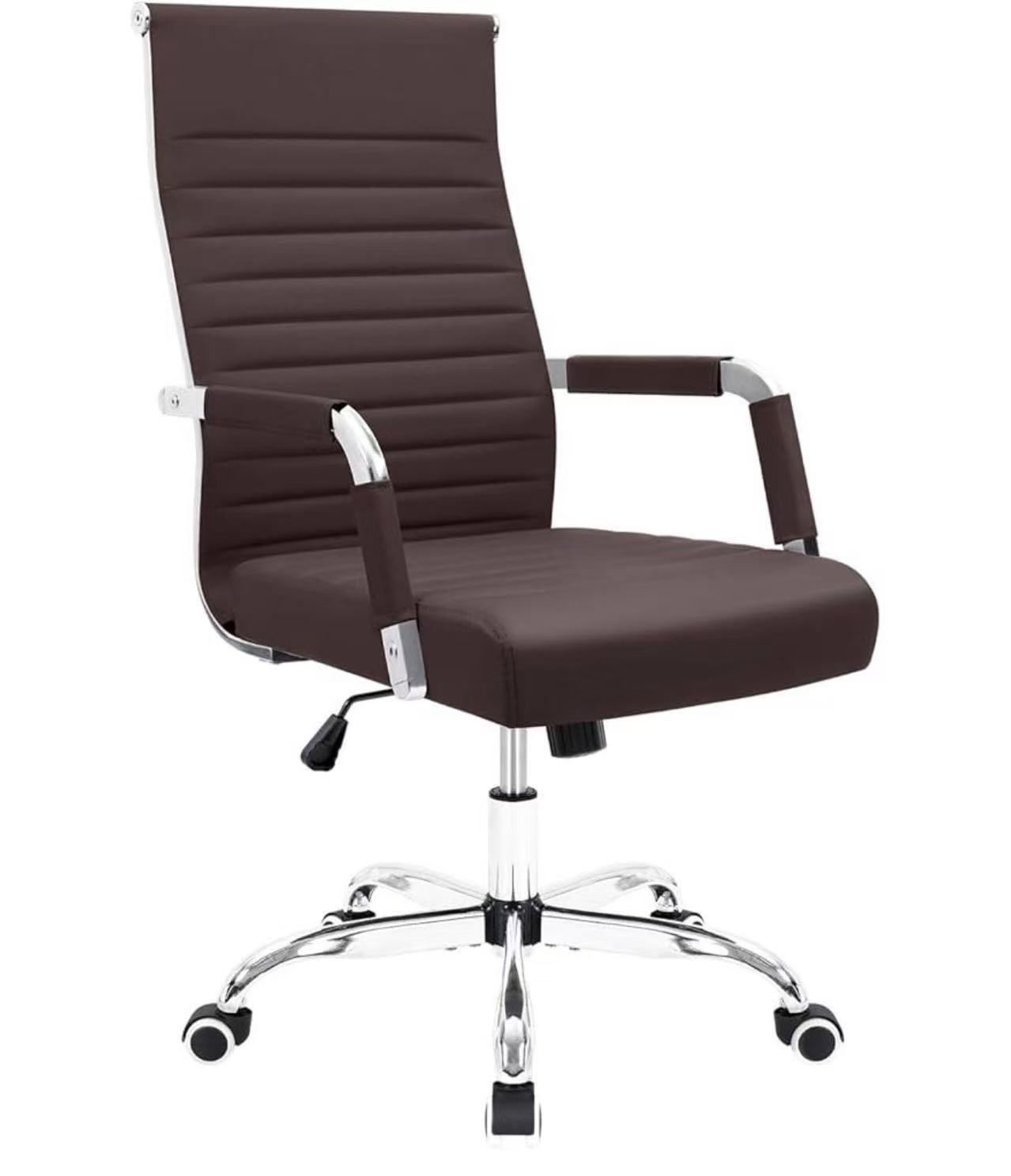 Ribbed Office Desk Chair Mid-Back PU Leather Executive Conference Task Chair Adjustable Swivel Chair with Arms (Brown)