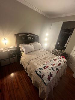 Dark Brown Full/Queen Bed Frame with Storage Headboard & 4 Cabinets