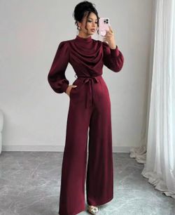 Burgundy Wide-Leg Jumpsuit with Belt