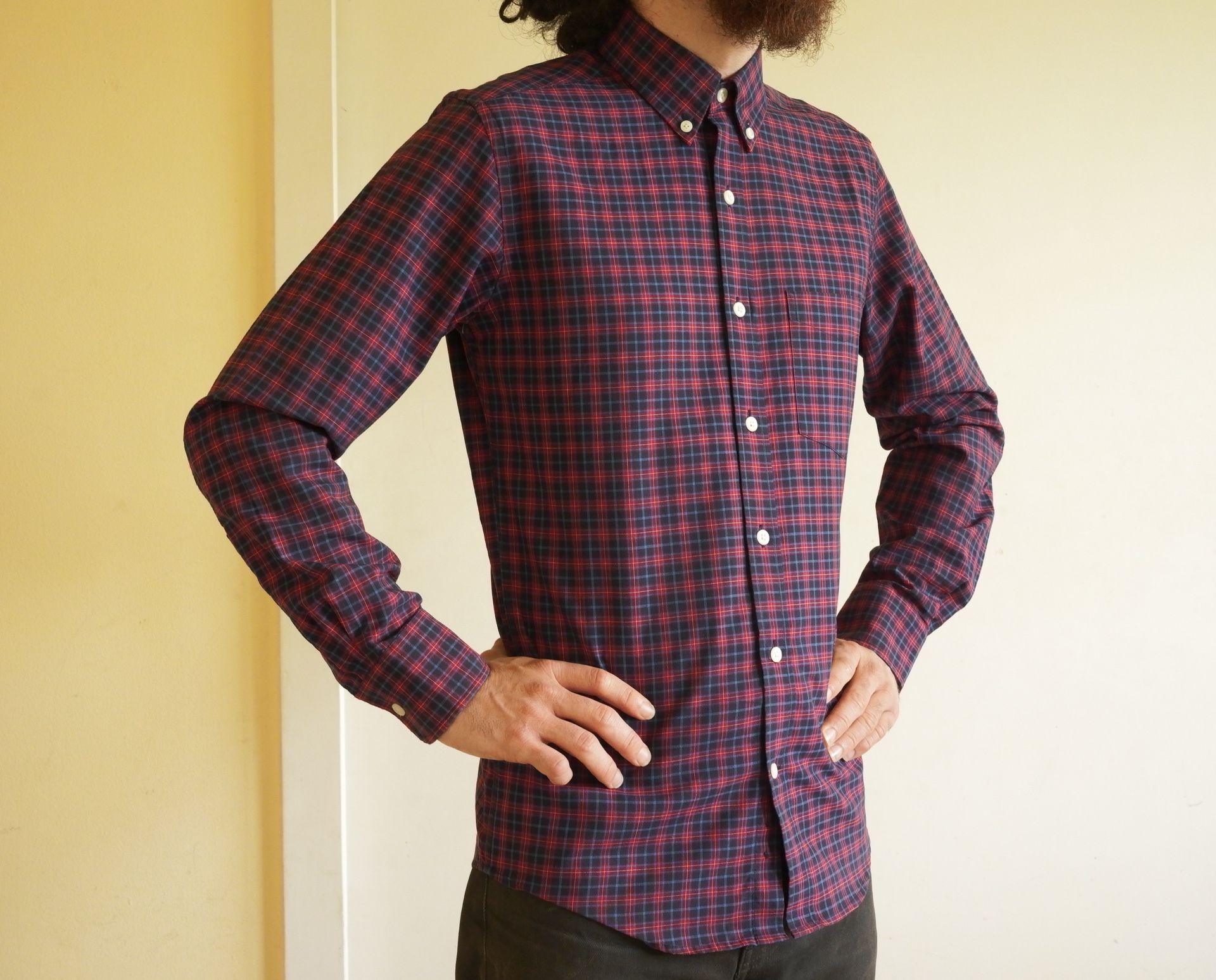 merino wool button-down dress shirt • red plaid