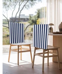 Navy Blue Striped Chair Covers Set of 8, Decorative Chair Back Cover, Modern Farmhouse Blue White Stripes Dining Room Chair Slipcovers Removable Chair