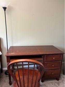 Bassett solid wood desk, chair, and floor lamp