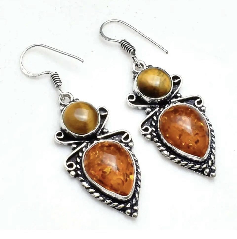 Baltic Amber & Tiger Eye Sterling Silver 2” Earrings