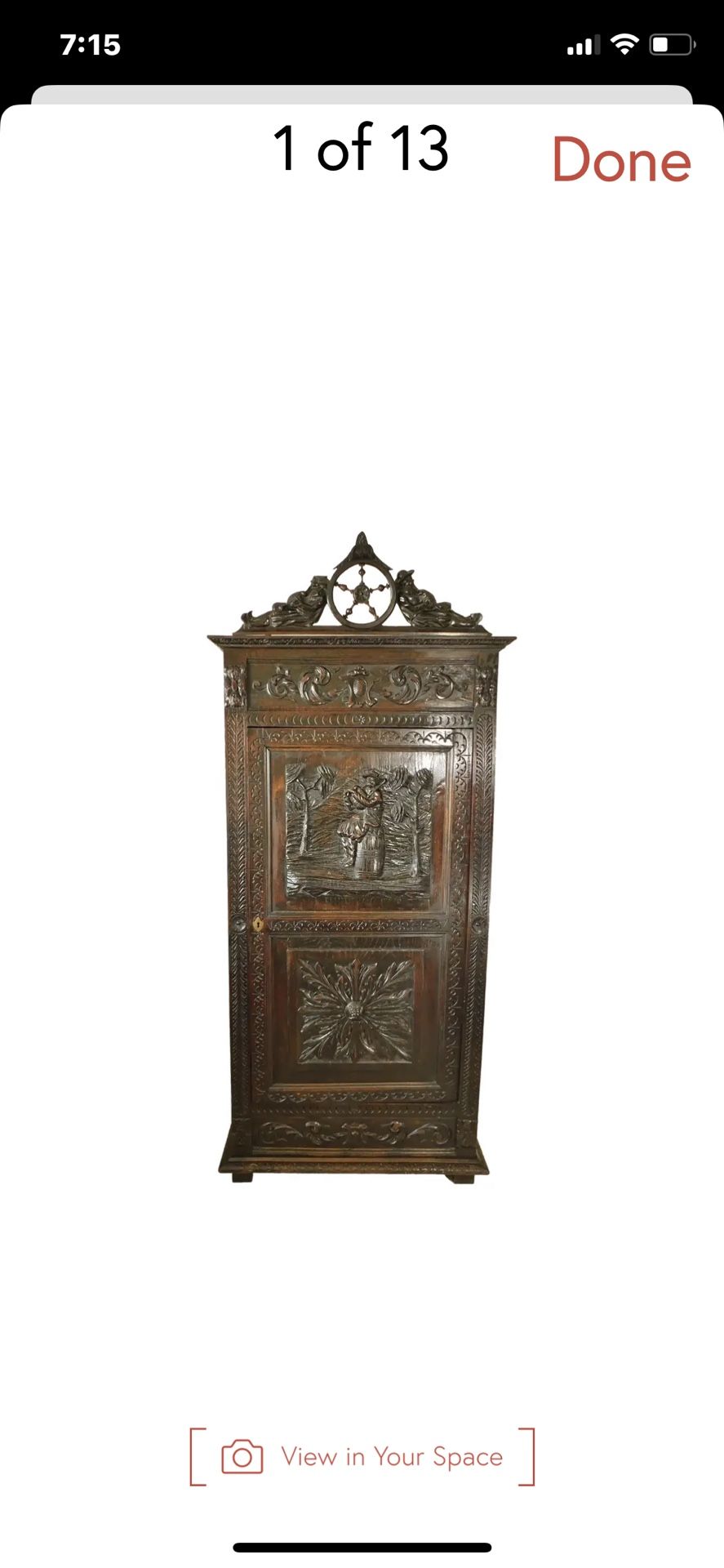 19c Antique French Breton Carved Wood Figural Canoter Armoire Wardrobe