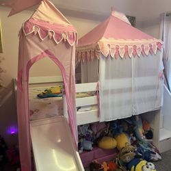 Disney Princess Fairytale White Twin Step Loft Bed With Slide And Tower