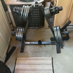 Weights and Rack- Ez Curl Bar and adjustable Dumbells (not Pictured)