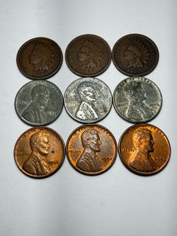 9 Coin U.S. Penny Lot – Indian Head Cents, 1943 Steel Wheat Cents & Lincoln Wheat Cents