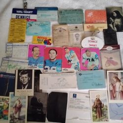 Large lot of estate sale junk drawer items - signed concert tickets & football cards