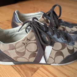 COACH Joss Sneakers Suede & Canvas Brown Signature C Genuine Shoes Women's 9M