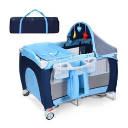 Costway Foldable Baby Crib Playpen Travel Infant Flat Bassinet Bed Mosquito Net Music with Bag Blue..used..
