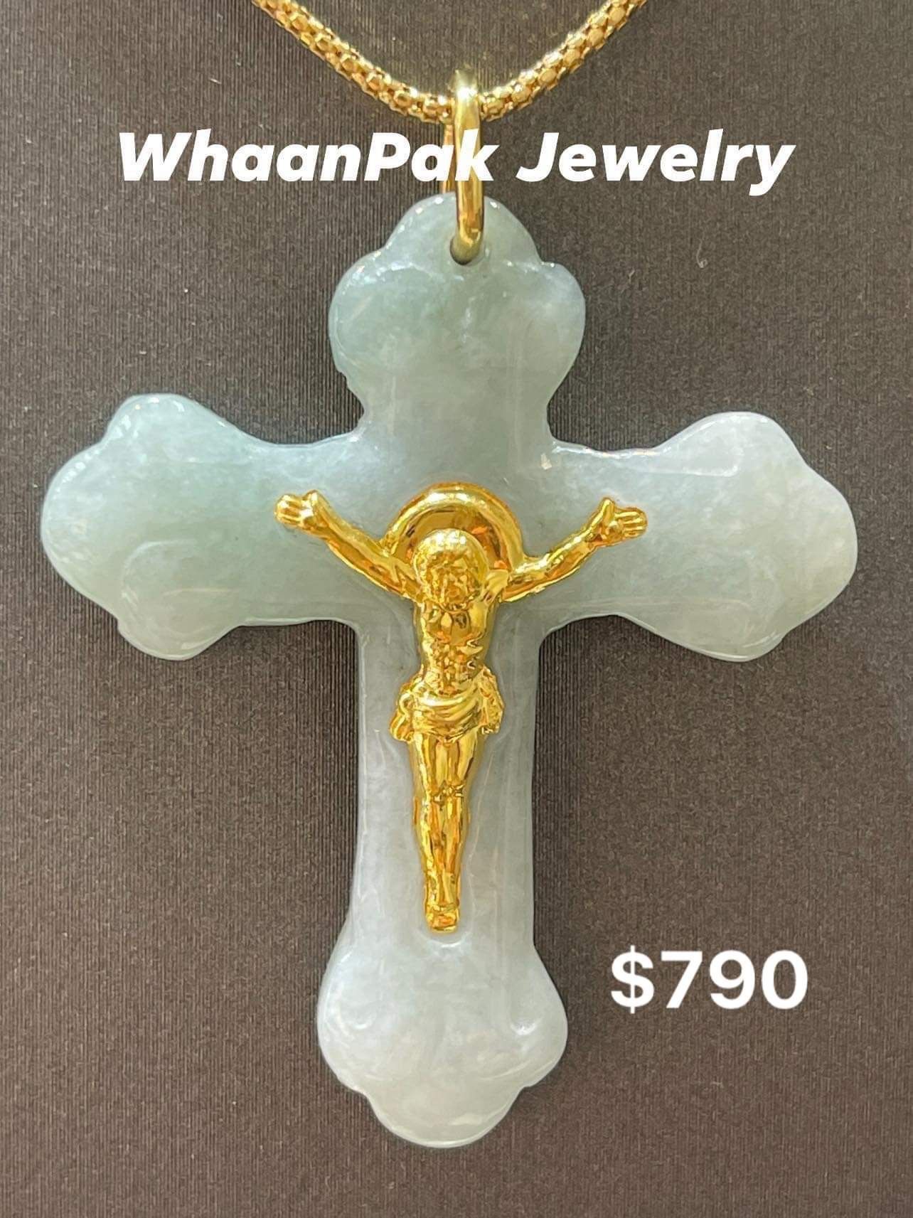 22K Yellow Gold With Jade Cross Carving In Laid