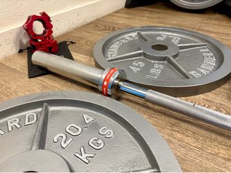 Olympic Set Of Gray CAP Cast Iron Weight Plates  from 5s to 45s  Pounds In NEW Condition, [Total: 240 lbs].  👀 BARBEL NOT INCLUDED 👀