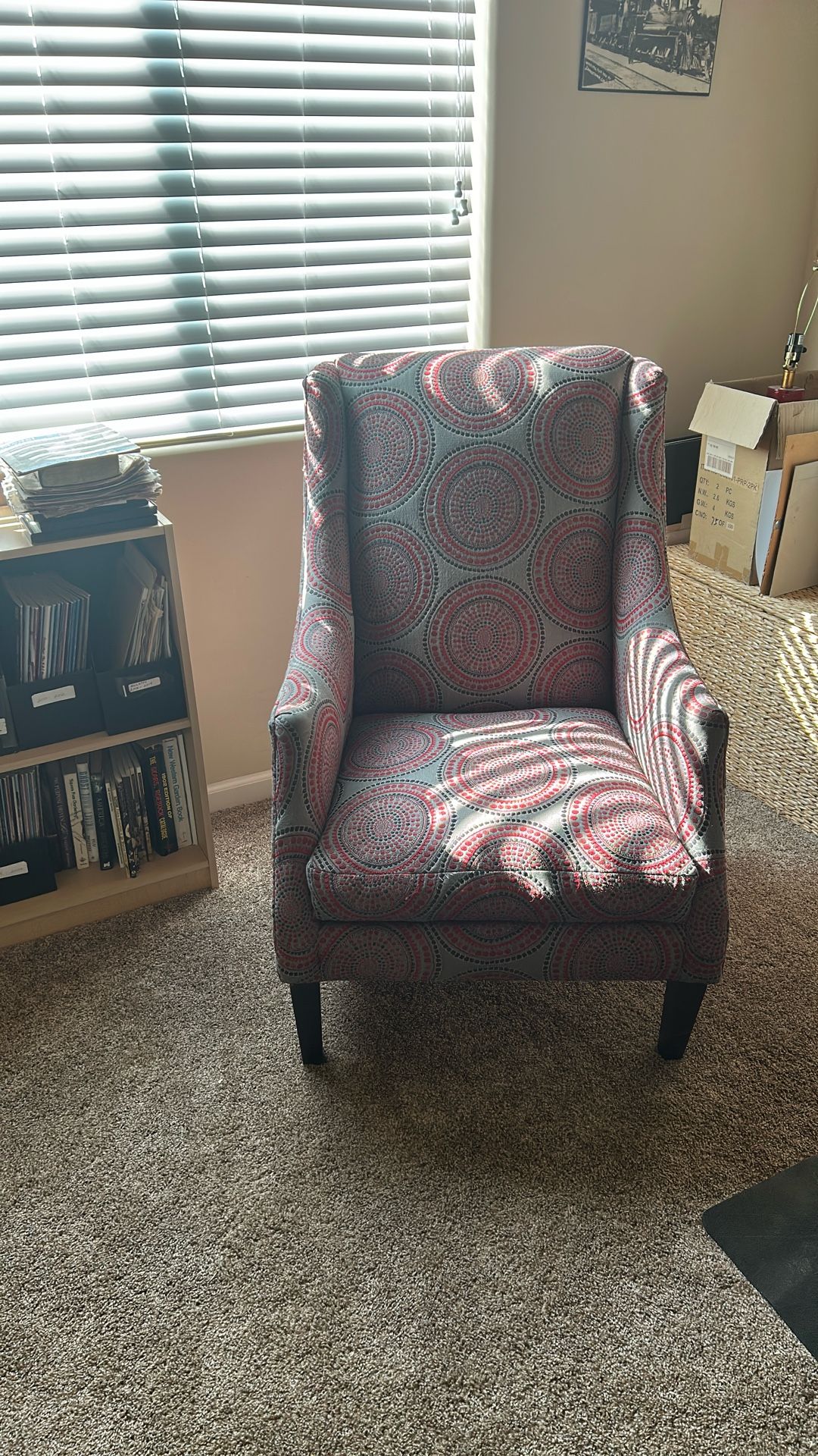 Wing Back Gray And Red Chair bought 5 Years Ago