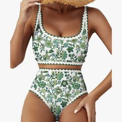 Women's Bikini Sets Floral Print Whip Stitch 2 Piece Swimsuits High Waisted Scoop Bathing Suits- MEDIUM