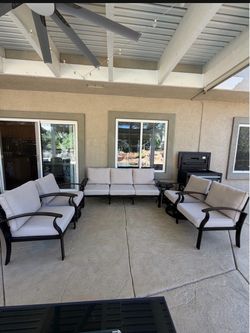 Barely used, like NEW. Halmuz 7-Seat Aluminum Patio Conversation Set with armrest, Swivel Rocking Chairs and Sand Cushion