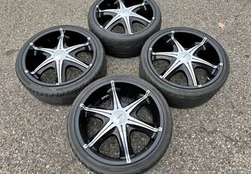 20” 5X115 5X120 Dodge Chevy Ford Chrysler Set Black Machined Rims Wheels Tires 5-Lug