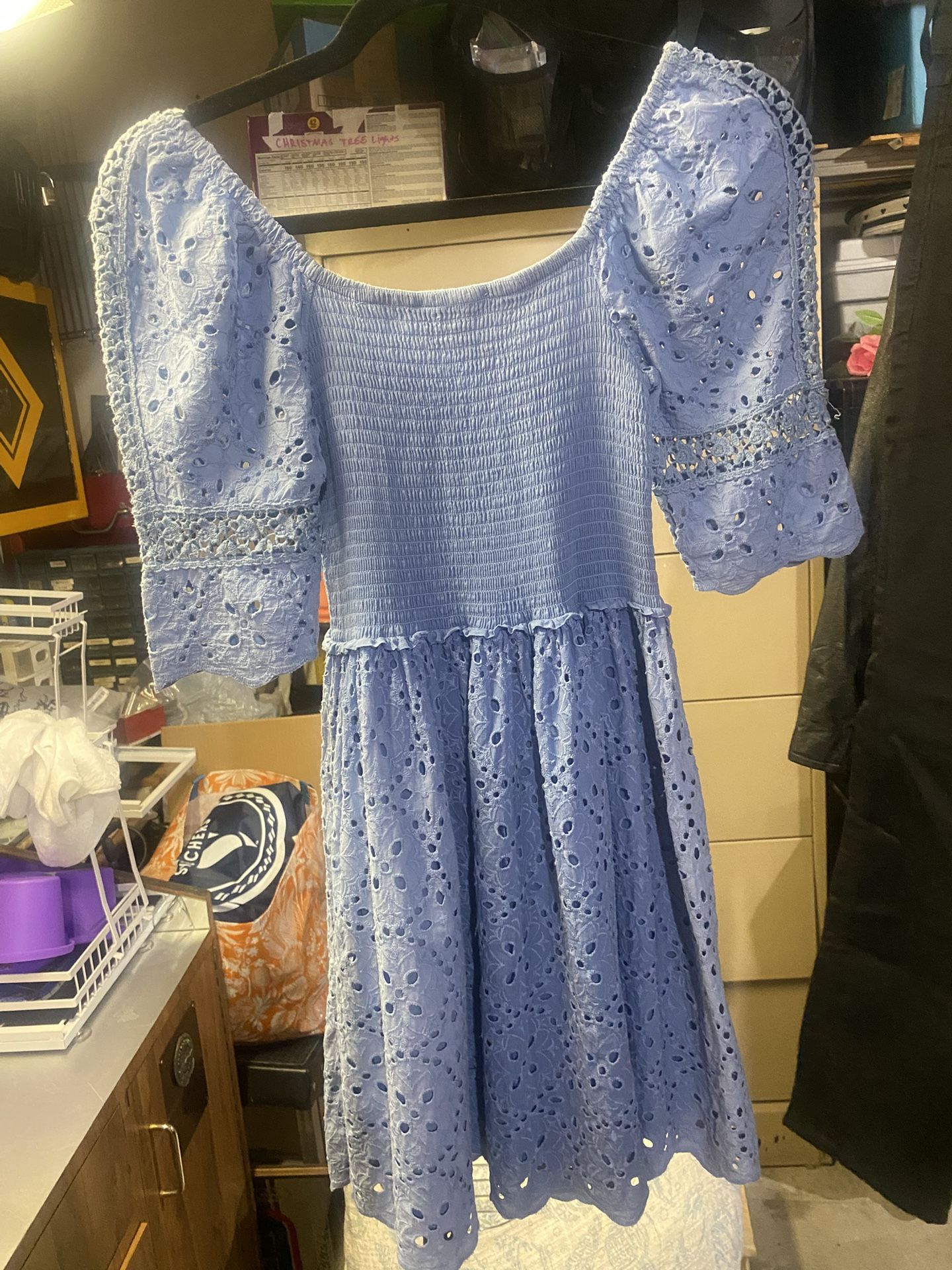 Betsey Johnson Smocked Eyelet Embroidered Blue Dress