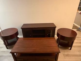 4-Piece Dark Walnut Furniture Set (TV Stand, Coffee Table & 2 Round End Tables)