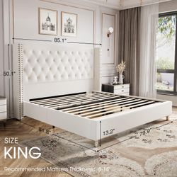 Bed Frame King Size, Cream Color, PapaJet