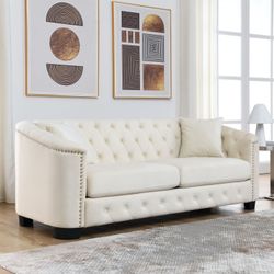 77-Inch Modern Chesterfield Velvet Sofa, 3-Seater Sofa, Upholstered Tufted Backrests with Nailhead Arms and 2 Cushions for Living Room, Bedroom, Apart