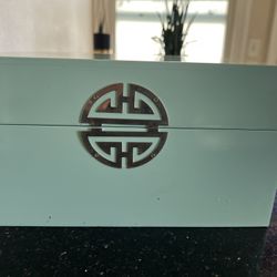 Lacquer Keepsake Box in Tiffany Green Color with Chinoiserie Chrome Hardware 10x8.5 x 5.5”